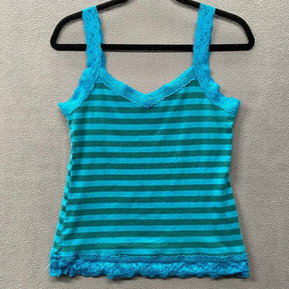 Vtg 90s 00s Y2K Striped Lace Trim Straps Camisole Tank Top Womens XL Blue Cotton - Picture 1 of 11